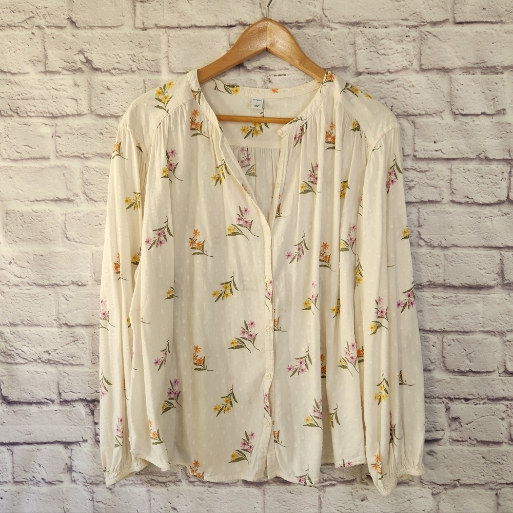 Old Navy Women's Ivory Floral Swiss Dot Balloon Sleeve Button Down Blouse Sz L
